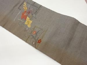 手織り紬汕頭刺繍相良刺繍変わり色紙に草花模様名古屋帯